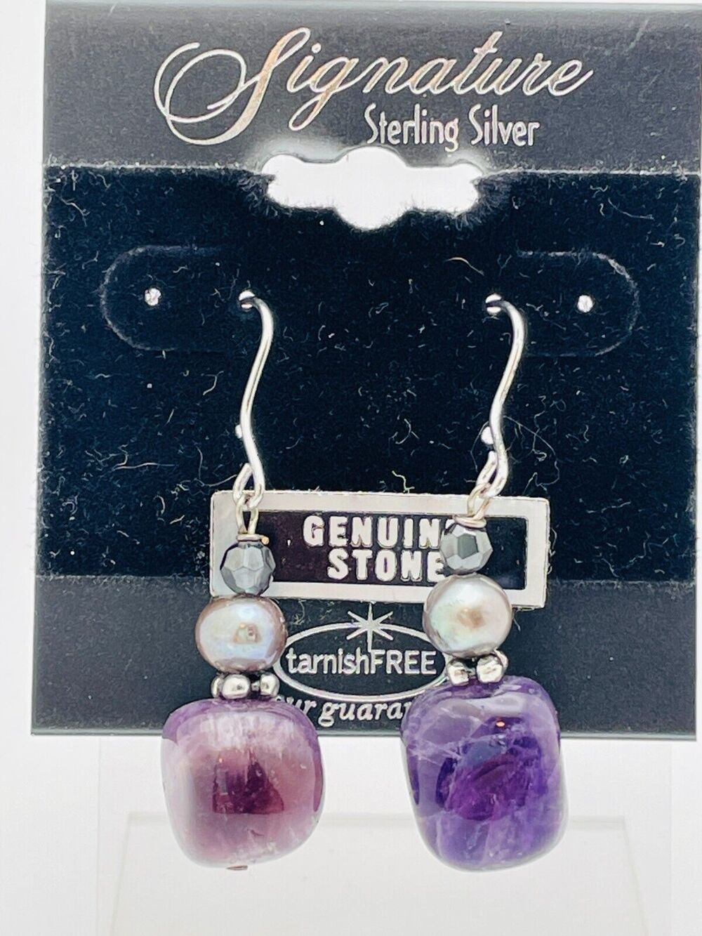 Genuine Natural Purple Stone Pearl Beaded 925 Sterling Silver Dangle Earrings